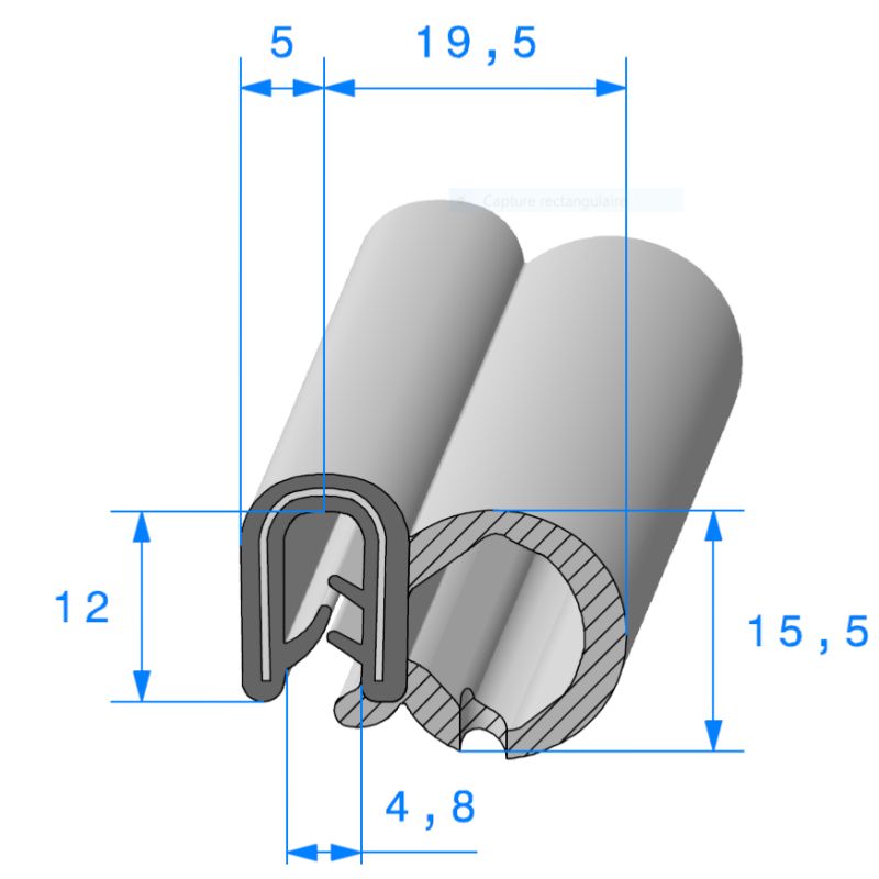 Joint de porte ou de coffre à bulbe lateral en mousse et pince à armature métallique