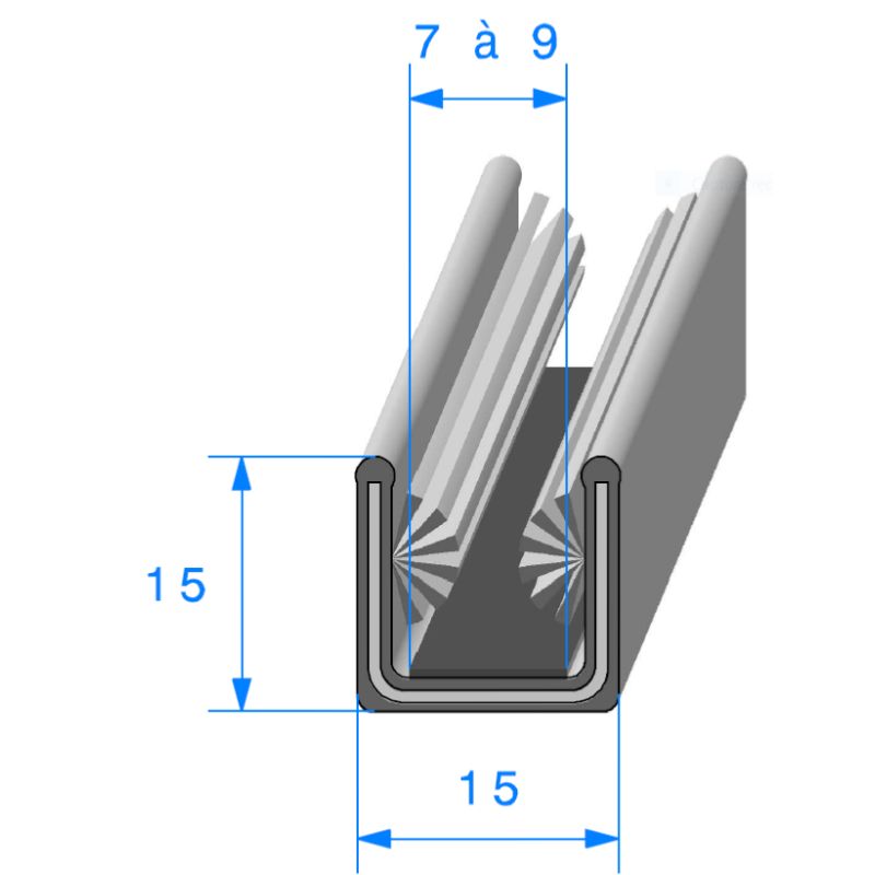 Coulisse de vitre floquée et armée 15 mm x 15 mm vendue au mètre