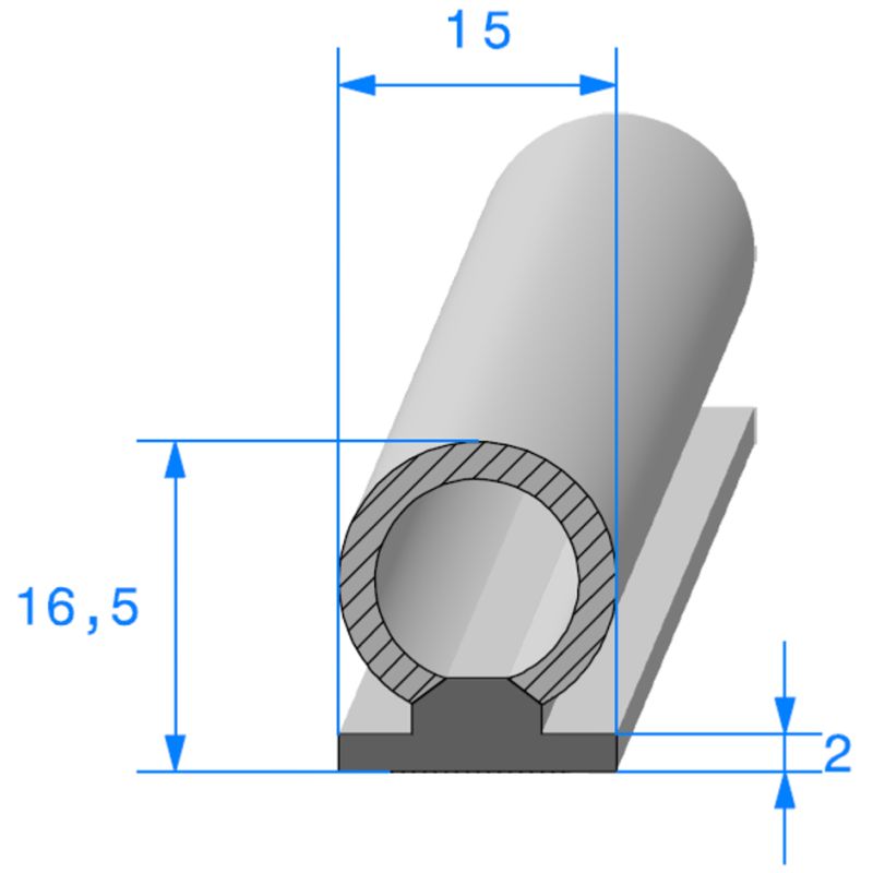 Joint d'étancheité à semelle avec bulbe mousse 16,5 mm x 15 mm à coller