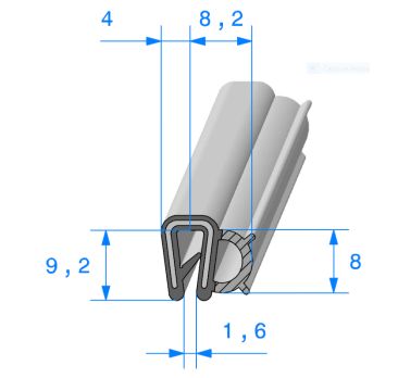 Profil en U 9,2 mm avec mousse latérale pour une épaisseur de tôle de 1 à 2 mm